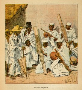 Madagaskarin sota - Henri Galli dit Galllichetin (1854-1922) ranskalaisten tutkimusretkien anekdoottinen historia, kuvittanut Louis Bombled (1862-1927): Madagaskarin muusikot 1800-luvulla, yksityinen kokoelma tekijältä Louis Charles Bombled