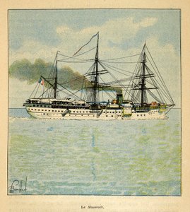 Madagaskarin sota - Henri Galli dit Galllichetin (1854-1922) ranskalaisten tutkimusretkien anekdoottinen historia, kuvittaja Louis Bombled (1862-1927): Sairaalaalus "Shamrock" matkalla Madagaskarille, yksityinen kokoelma tekijältä Louis Charles Bombled