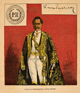 Madagaskarin sota - Henri Galli dit Galllichetin (1854-1922) ranskalaisten tutkimusretkien anekdoottinen historia, kuvittanut Louis Bombled (1862-1927): Pääministeri Rainilaiarivonyn (1828-1896) muotokuva, yksityinen kokoelma tekijältä Louis Charles Bombled