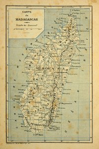 Madagaskarin sota - Henri Galli dit Galllichetin (1854-1922) ranskalaisten tutkimusretkien anekdoottinen historia, kuvittaja Louis Bombled (1862-1927): Madagaskarin kartta, yksityinen kokoelma tekijältä Louis Charles Bombled