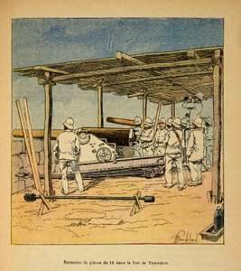Madagaskarin sota - Henri Galli dit Galllichetin (1854-1922) ranskalaisten tutkimusretkien anekdoottinen historia, kuvittanut Louis Bombled (1862-1927): 14 kappaleen rummut Tamataven linnakkeessa vuonna 1895, yksityinen kokoelma tekijältä Louis Charles Bombled