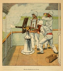 Madagaskarin sota - Henri Galli dit Galllichetin (1854-1922) ranskalaisten tutkimusretkien anekdoottinen historia vuosien 1885-1895, kuvittaja Louis Bombled (1862-1927): Kanuunan laukaus Hovasin kanonieressa "" La Brave "" vuonna 1895, yksityinen kokoelma tekijältä Louis Charles Bombled