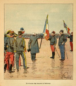 Madagaskarin sota - Ranskan sotaretkien historia 1885-1895, kirjoittanut Henri Galli dit Galllichet (1854-1922), kuvittanut Louis Bombled (1862-1927): Lippujen jakaminen Sathonayssa Madagaskariin vuonna 1895 lähteville joukoille vuonna 1895 esiteltynä. tekijältä Louis Charles Bombled