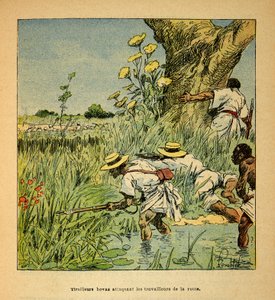 Madagaskarin sota - Henri Galli dit Galllichetin (1854-1922) ranskalaisten tutkimusretkien anekdoottinen historia, kuvittanut Louis Bombled (1862-1927): Hovas Tirailleurs hyökkäämässä armeijan tienrakennusta vastaan vuonna 1895, yksityinen kokoelma tekijältä Louis Charles Bombled