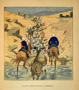 Madagaskarin sota - Henri Galli dit Galllichetin (1854-1922) ranskalaisten tutkimusretkien anekdoottinen historia, kuvittanut Louis Bombled (1862-1927): sotilassaattue matkalla Suberbievilleen vuonna 1895, yksityinen kokoelma tekijältä Louis Charles Bombled