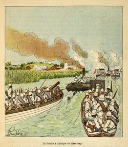 Madagaskarin sota - Henri Galli dit Galllichetin (1854-1922) ranskalaisten tutkimusretkien anekdoottinen historia, kuvittanut Louis Bombled (1862-1927): Merijalkaväki hyökkäsi Marovoayn kaupunkiin vuonna 1895, yksityinen kokoelma tekijältä Louis Charles Bombled