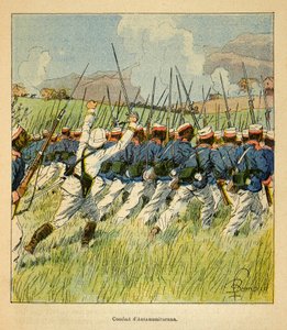 Madagaskarin sota - Henri Galli dit Galllichet (1854-1922) ranskalaisten tutkimusretkien anekdoottinen historia, kuvittanut Louis Bombled (1862-1927): Ranskan joukot Antanamitaranan taistelujen aikana vuonna 1895, yksityinen kokoelma tekijältä Louis Charles Bombled
