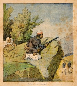Madagaskarin sota - Henri Galli dit Galllichetin (1854-1922) ranskalaisten tutkimusmatkojen anekdoottinen historia vuosien 1885-1895, kuvittaja Louis Bombled (1862-1927): Hovas-väijytyksiä, yksityinen kokoelma tekijältä Louis Charles Bombled