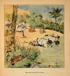 Madagaskarin sota - Henri Galli dit Galllichetin (1854-1922) ranskalaisten tutkimusmatkojen anekdoottinen historia, kuvittanut Louis Bombled (1862-1927): Pysähdys joen rannalla vuonna 1895, yksityinen kokoelma tekijältä Louis Charles Bombled