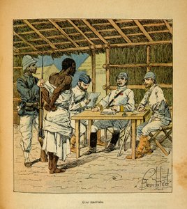 Madagaskarin sota - Henri Galli dit Galllichetin (1854-1922) ranskalaisten tutkimusretkien anekdoottinen historia, kuvittaja Louis Bombled (1862-1927): Ranskan suorittama Hovas-vangin kuulustelu, yksityinen kokoelma tekijältä Louis Charles Bombled