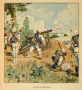 Madagaskarin sota - Henri Galli dit Galllichetin (1854-1922) ranskalaisten tutkimusretkien anekdoottinen historia, kuvittanut Louis Bombled (1862-1927): Tsarasaotran puolustus vuonna 1895, yksityinen kokoelma tekijältä Louis Charles Bombled
