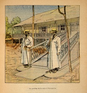 Madagaskarin sota - Henri Galli dit Galllichetin (1854-1922) ranskalaisten tutkimusmatkojen anekdoottinen historia, kuvittanut Louis Bombled (1862-1927): Kuningatar Ranavalonan paviljonki Tananarivessa vuonna 1895, yksityinen kokoelma tekijältä Louis Charles Bombled