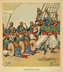 Madagaskarin sota - Henri Galli dit Galllichet (1854-1922) ranskalaisten tutkimusmatkojen anekdoottinen historia, kuvittanut Louis Bombled (1862-1927): Yhdeksän turkkilaista laivalla, jotka purjehtivat Madagaskarille, yksityinen kokoelma tekijältä Louis Charles Bombled