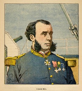 Madagaskarin sota - Henri Galli dit Galllichetin (1854-1922) ranskalaisten tutkimusretkien anekdoottinen historia, kuvittanut Louis Bombled (1862-1927): Amiraali Paul Emile Miotin (1827-1900) muotokuva, yksityinen kokoelma tekijältä Louis Charles Bombled