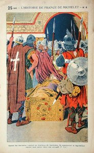Keisari Justinianuksen (483-565) muumioituneen ruumiin löytö, kun ristiretkeläiset valtasivat Konstantinopolin vuonna 1204, kuvitus Jules Michelet