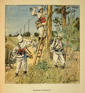 Madagaskarin sota - Henri Galli dit Galllichetin (1854-1922) ranskalaisten retkikuntien vuosien 1885-1895 anekdoottinen historia, kuvannut Louis Bombled (1862-1927): Armeijan kampanjalennätin toteuttaa Madagaskarilla vuonna 1895, yksityinen coll tekijältä Louis Charles Bombled