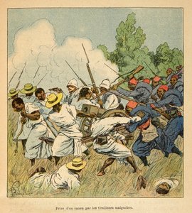 Madagaskarin sota - Henri Galli dit Galllichetin (1854-1922) ranskalaisten tutkimusmatkojen vuosien 1885-1895 anekdoottinen historia, kuvannut Louis Bombled (1862-1927): Madagaskari tarttui tykkiin Ambolomontyn taistelujen aikana vuonna 1895, Private Colle tekijältä Louis Charles Bombled