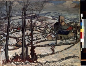 Kylä Morvanissa lumen alla. Louis Charlotin maalaus (1878-1951) tekijältä Louis Charlot