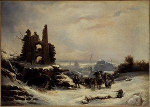 Paluu torilta (lumisade Pariisissa), n. 1830 (öljy kankaalle) tekijältä Louis Claude Mallebranche