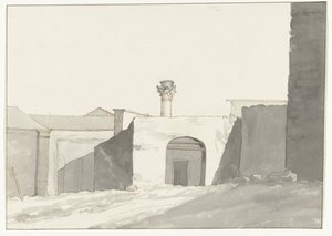 Antieke zuil en gebouwen in haven van Brindisi Kaukainen näkymä antiikkipylvään [Brindisin satamassa] Matkat Italiassa, Sisiliassa ja Maltassa - 1778 (sarjan nimi) tekijältä Louis Ducros
