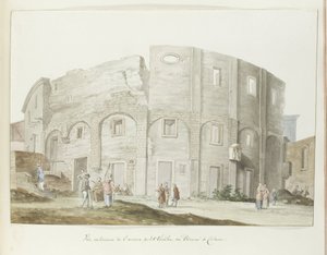 Buitenmuur van oude teatteri Cataniëssa Ulkonäkymä vanhasta pienestä teatterista tai Odeumista Cataniassa (otsikko esineessä) Matkat Italiassa, Sisiliassa ja Maltassa - 1778 (sarjan nimi) tekijältä Louis Ducros