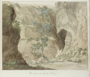 Buitenwand van de grot Ear of Dionysios Ulkokuva Dionysioksen korvasta (otsikko esineessä) Matkat Italiassa, Sisiliassa ja Maltassa - 1778 (sarjan nimi) tekijältä Louis Ducros