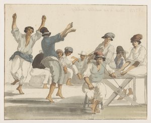Dansende maltezer matrozen Maltan merimiestemme tanssi (otsikko esineessä) Matkat Italiassa, Sisiliassa ja Maltassa - 1778 (sarjan nimi) tekijältä Louis Ducros