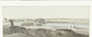 Gezicht op Canosan silta Ofanto-joen yli Pugliassa Näkymä Pont de Canosan yli Ofanton (Aufidus) (otsikko esineessä) Matka Italiaan, Sisiliaan ja Maltalle - 1778 (sarjan nimi) tekijältä Louis Ducros