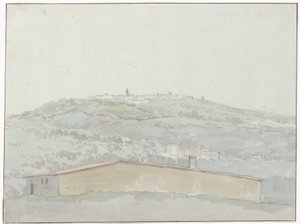 Gezicht op Montefusco Näkymä Montefuscolle (otsikko esineessä) Matkat Italiassa, Sisiliassa ja Maltassa - 1778 (sarjan nimi) tekijältä Louis Ducros