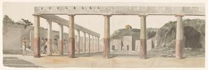 Näkymä roomalaisista kasarmeista ja pylväikköstä Pompejissa Vue des Casernes Romaines & de la Colonnade de Pompeja (otsikko esineessä) Voyage en Italy ja Sicile et à Malte - 1778 (sarjan nimi) tekijältä Louis Ducros