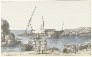 Gezicht op Taranto en haven on Luogo Vivo Näkymä Tarentin-rakennuksestamme ja edellisen maadoituksen satamasta (otsikko esineessä) Matkat Italiassa, Sisiliassa ja Maltalla - 1778 (sarjan nimi)