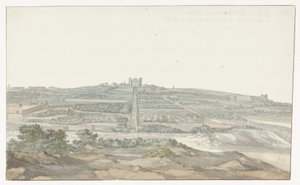 Näkymä Vedala-suurmestarin palatsille, joka sijaitsee Boschettossa Maltalla Vue de Boschetto, maison de plaisance du Grand-Maître, à 2 lieus de la ville de Malthe (otsikko esineessä) Voyage en Italy ja Sicile et à Malte - 1778 (sarjan nimi) tekijältä Louis Ducros
