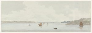 Gezicht op een deel van het Mare Piccolo Näkymä osasta Mare Piccoloa, jossa oli vanhan sillan sijainti, Galesuksen suu (otsikko esineessä) Matkat Italiassa, Sisiliassa ja Maltassa - 1778 (sarjan nimi) tekijältä Louis Ducros