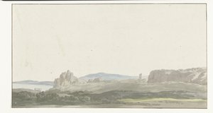 Gezicht op een rots bij de Golf van Tarente in de buurt van Gallipoli Näkymä kalliolta Tarantonlahdella Gallipolin läheisyydessä (otsikko esineessä) Matkat Italiassa, Sisiliassa ja Maltassa - 1778 (sarjan nimi) tekijältä Louis Ducros