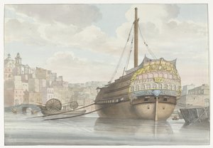 Gezicht op haven met galei schip vlakbij de werf Alhaalta näkymä Port des Galèresista Malthessa, otettu telakalta (otsikko esineessä) Matkat Italiassa, Sisiliassa ja Maltassa - 1778 (sarjan nimi) tekijältä Louis Ducros