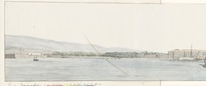 Gezicht op haven van Messina en bergen van Calabrië vanaf kade Näkymä Messinan satamasta ja Calabrian vuorista otettuna laiturilta (otsikko esineessä) Matkat Italiassa, Sisiliassa ja Maltassa - 1778 (sarjan nimi) tekijältä Louis Ducros