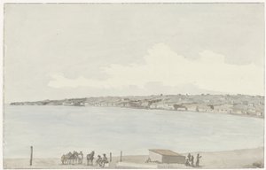 Näkymä Pausilypen niemekkeelle, jossa on kuningatar Jeannen vanha palatsi ja Sannazarin maaseutu majatalon parvekkeelta Vue du Promontoire de Pausilype, balcon de notre auberge où se trouvent l