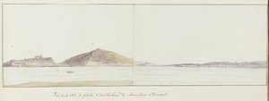 Gezicht op kust van Gaeta en mausoleum van Munatius Plancus (Lucio Munazio Planco) Vue de la côte de Gaëta ja du Tombeau de Munatius Plancus (otsikko esineessä) Voyage en Italie, en Sicile et à Malte - 1778 (sarjan nimi) tekijältä Louis Ducros