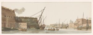 Gezicht op werf in haven van galei schepen te Malta Näkymä telakalle Galleysin satamassa Maltalla (otsikko esineessä) Matkat Italiassa, Sisiliassa ja Maltassa - 1778 (sarjan nimi) tekijältä Louis Ducros