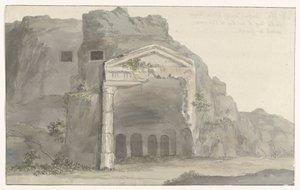 Haudat, joissa on doric-tyylinen julkisivu kaiverrettu kallioon lähellä Syracusea Voyage en Italy ja Sicile et à Malte - 1778 (sarjan nimi) tekijältä Louis Ducros