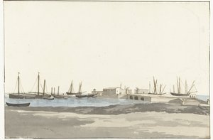 Barlettan satama laivoineen Mole du port de Barletta (otsikko esineessä) Voyage en Italy, en Sicile et à Malte - 1778 (sarjan nimi) tekijältä Louis Ducros