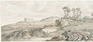 Sisustus tapasi trappen van teatterin Syracusassa Näkymä Syracuse-teatterin sisätiloihin ja valkaisutiloihin (otsikko esineessä) Matkat Italiassa, Sisiliassa ja Maltassa - 1778 (sarjan nimi) tekijältä Louis Ducros