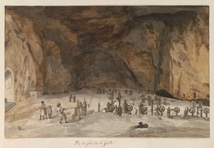 Sisustus van grot Santa Maria Capella Näkymä luolan pohjalta (otsikko esineessä) Matkat Italiassa, Sisiliassa ja Maltassa - 1778 (sarjan nimi) tekijältä Louis Ducros