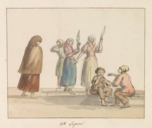 Gozon saaren perinteiset puvut Costume de Ghozo (nimi esineessä) Voyage en Italy ja Sicile et à Malte - 1778 (sarjan nimi) tekijältä Louis Ducros