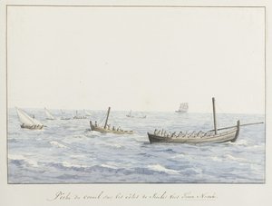 Koraalvissers voor de kust van Sicilië ter hoogte van Terra Nuova Korallin kalastus Sisilian rannikolla kohti Terra Nuovaa (otsikko esineessä) Matkat Italiassa, Sisiliassa ja Maltassa - 1778 (sarjan nimi) tekijältä Louis Ducros