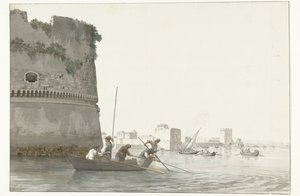 Mosselvissers op Mare Piccolo bij de vestingwerken van Taranto Pesca de musclos al Mare piccolo de Tàrent vist des de la cantonada de la Ciutadella (títol a l