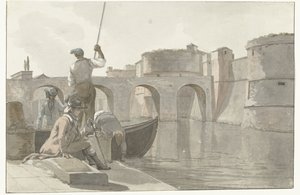 Uusi vestingsgracht van de vestingwerken Tarantossa Näkymä Taranton linnoituksen uudesta vallihaudasta (otsikko esineessä) Matkat Italiassa, Sisiliassa ja Maltassa - 1778 (sarjan nimi) tekijältä Louis Ducros