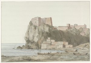 Burps in stad Scilla in de regio Calabrië aan de westkust Rock & Town of Scilla Calabriassa; näkymä auringonlaskun puolelta (otsikko esineessä) Matkat Italiassa, Sisiliassa ja Maltassa - 1778 (sarjan nimi)