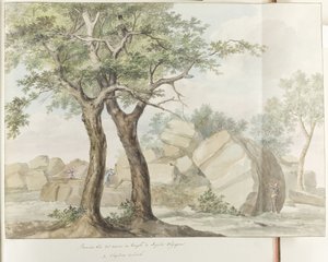 Ruïne van Zeus Olympus -temppeli oude Agrigentossa Ensimmäinen näkymä Olympian Jupiterin temppelin raunioista (otsikko esineessä) Matkat Italiassa, Sisiliassa ja Maltassa - 1778 (sarjan nimi) tekijältä Louis Ducros