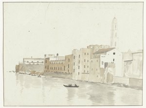 Stadsgezicht in Bari vanuit een raam in de herberg Näkymä Barin kaupungin pisteestä hostellimme ikkunasta (otsikko esineessä) Matkat Italiassa, Sisiliassa ja Maltassa - 1778 (sarjan nimi) tekijältä Louis Ducros